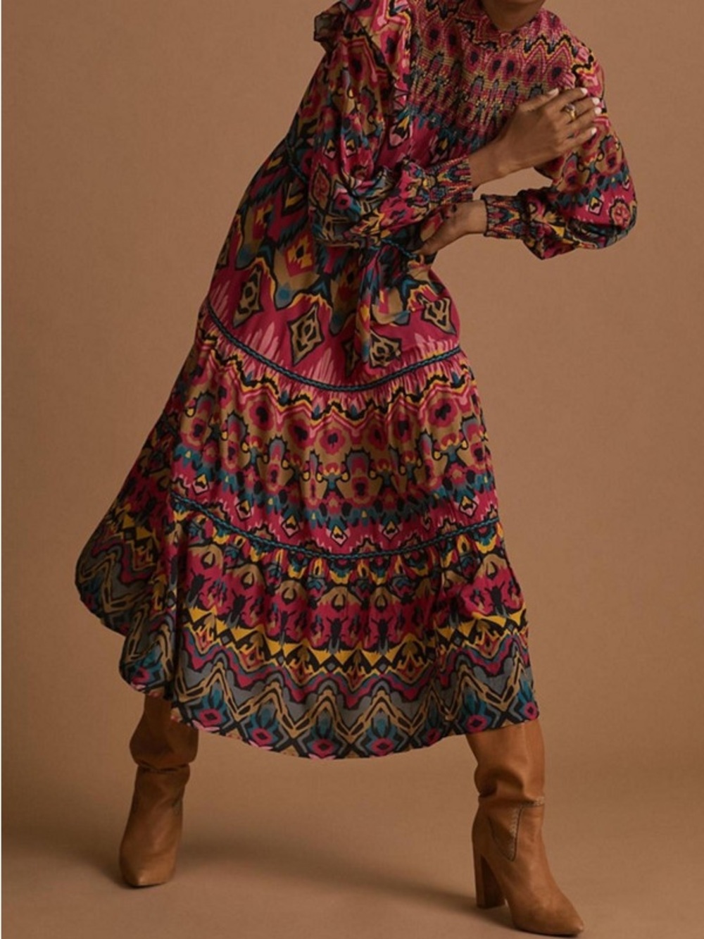 Anthropologie Patterned Tiered Midi Skirt - Fuchsia, Teal, Mustard